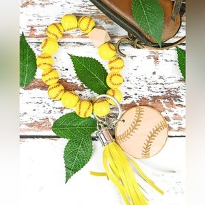 Wood disk softball beaded bracelet keychain